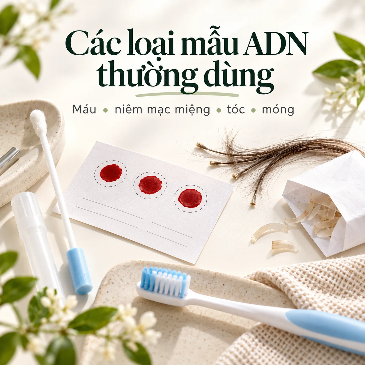 Các loại mẫu xét nghiệm ADN thường dùng: Máu, niêm mạc miệng, tóc, móng và mẫu đặc biệt