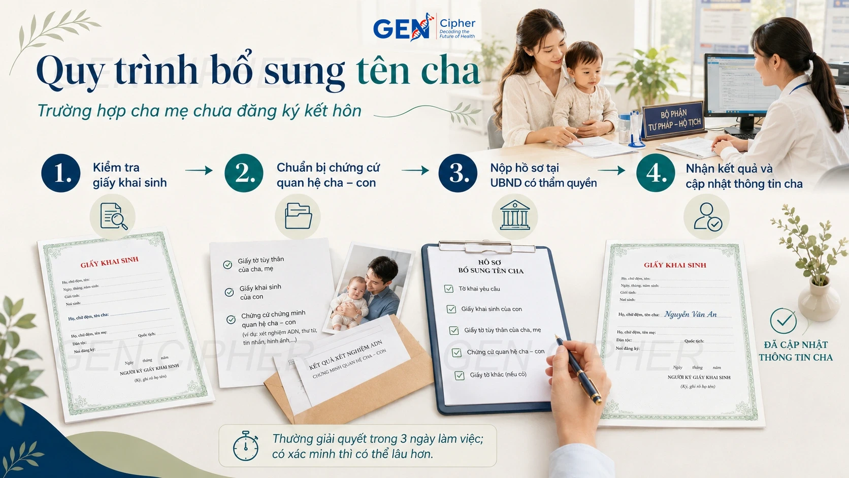 Minh họa cho quy trình bổ sung tên cha khi cha mẹ chưa đăng ký kết hôn