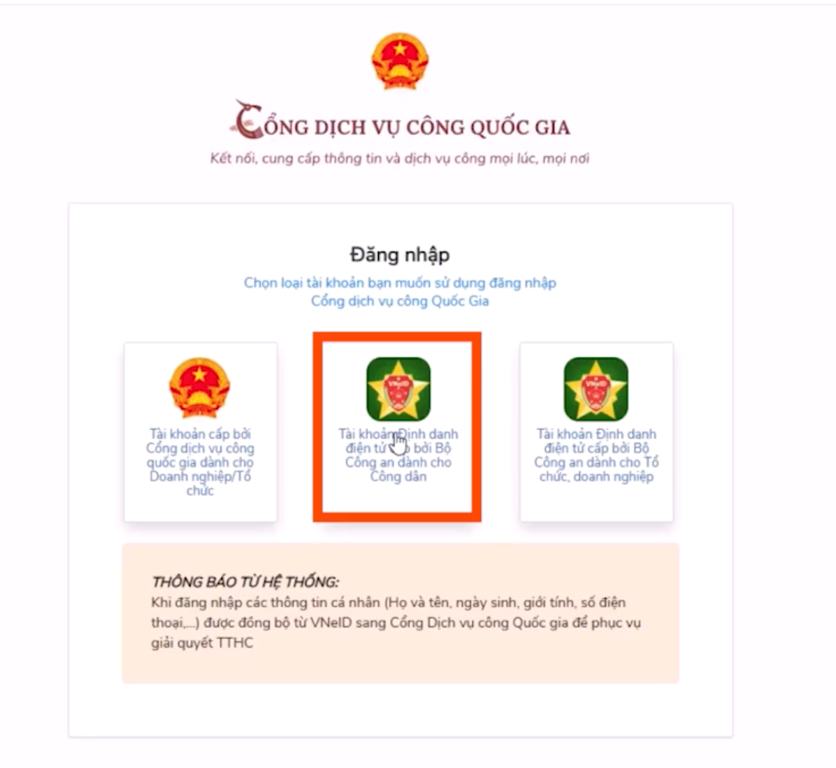 Màn hình lựa chọn tài khoản định danh điện tử VNeID dành cho công dân