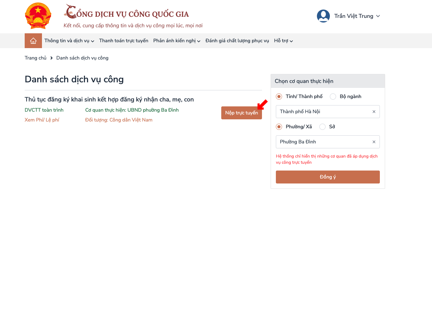 Danh sách dịch vụ công có nút Nộp trực tuyến.