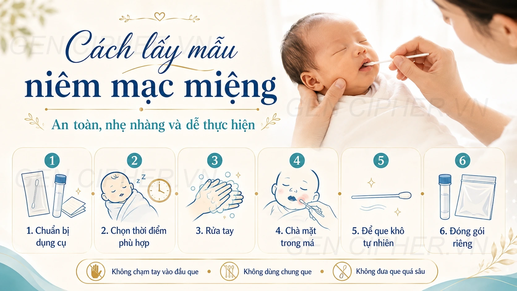 Minh họa cho hướng dẫn lấy mẫu niêm mạc miệng cho trẻ sơ sinh