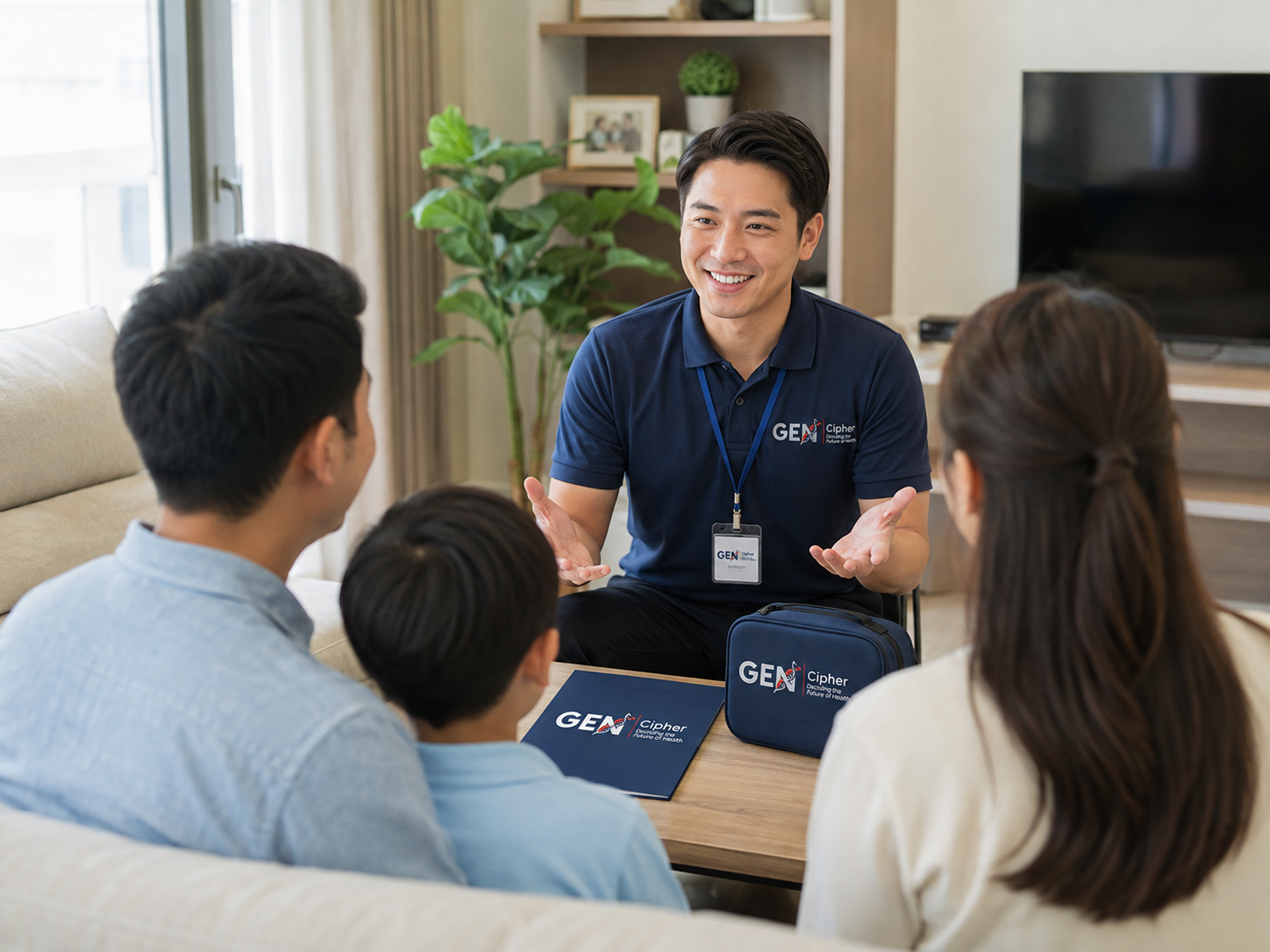 Nhân viên Gen Cipher xác nhận thông tin và hướng dẫn gia đình trước khi thu mẫu